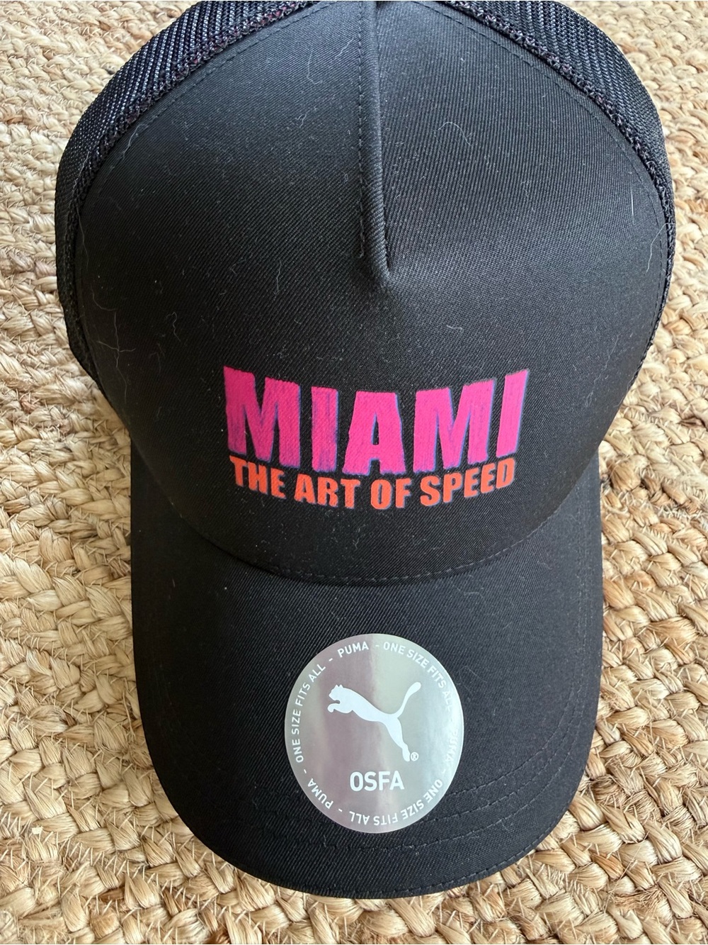 Formula 1 Puma Women Black Trucker Hat with Pink & Orange Miami Graphic